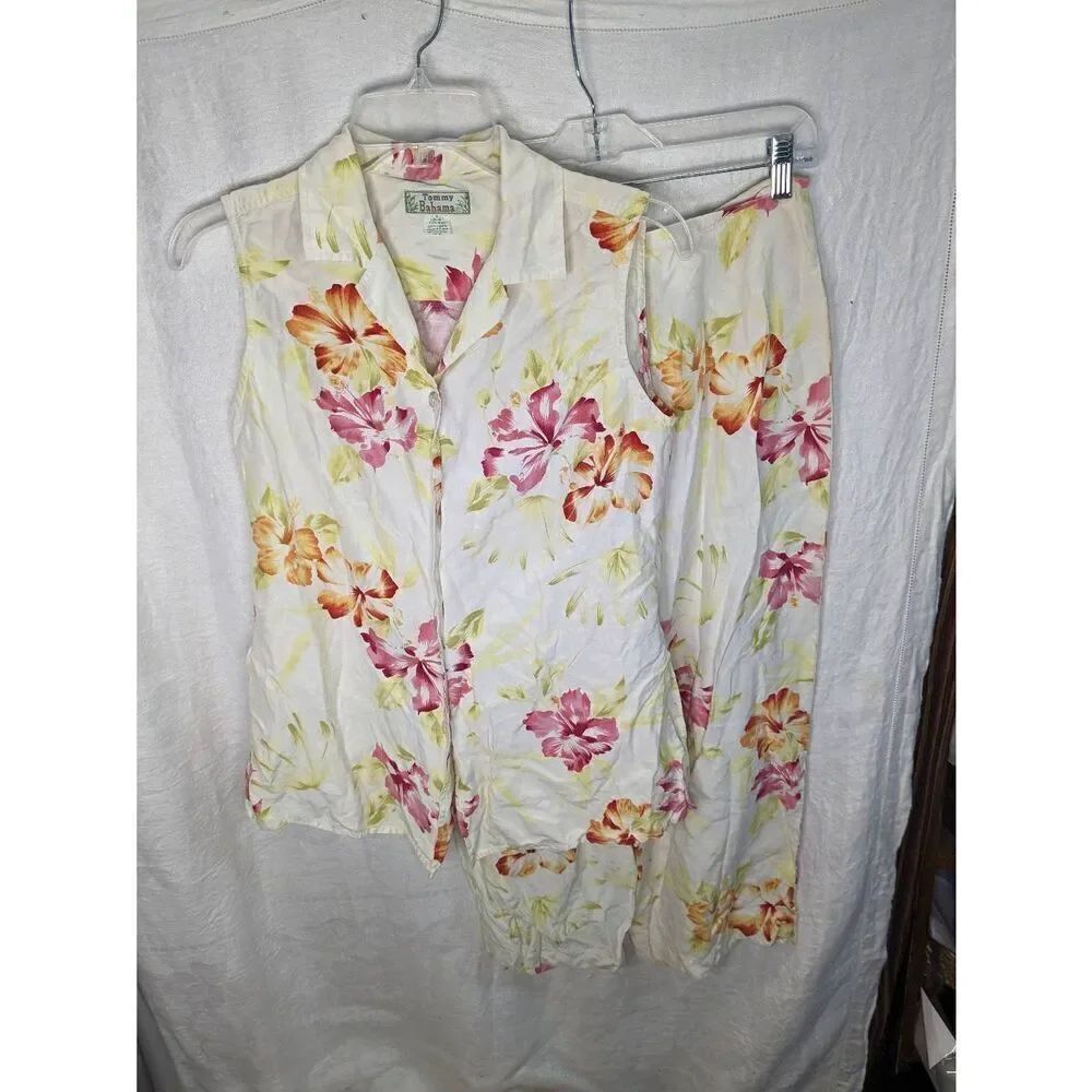 Tommy Bahama Silk Linen Beach Resort Set Button Tank Cropped Pant Small 4 6